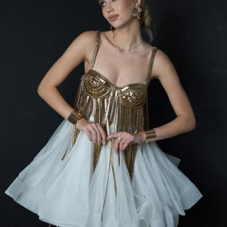 Short dress with gold corset and tulle