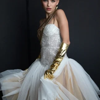 Short dress with half gold corset and other half with beaded